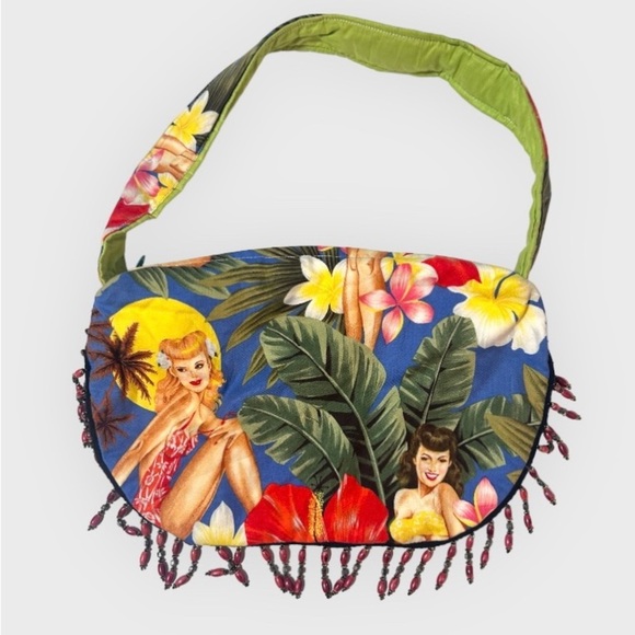 Handmade Hawaiian Aloha Pinup Girl Floral Purse Vintage Beaded Shoulder Bag - Picture 2 of 16